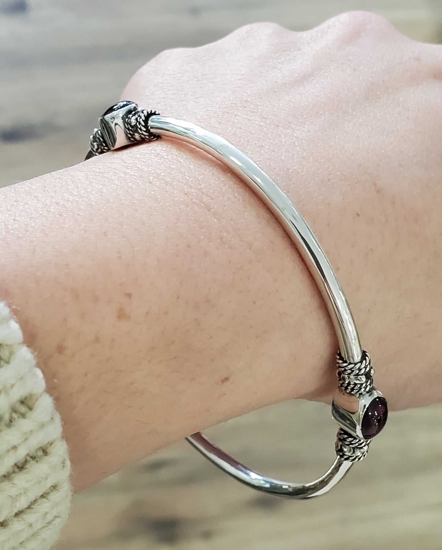 925 Sterling Silver Natural Rhodolite Garnet Cabochon Cut Stationed Bangle Bracelet