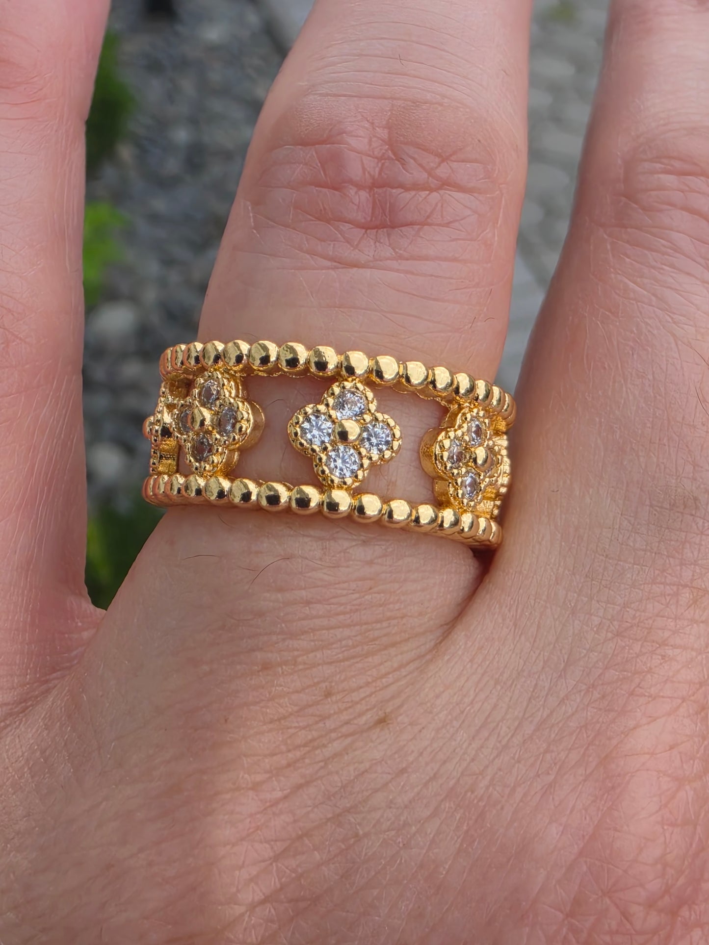 Gold Plated cz clover ring & 7" bangle bracelet set