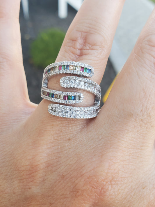 925 Sterling Silver Bypass Multi-colored Channel Set Zirconia Ring