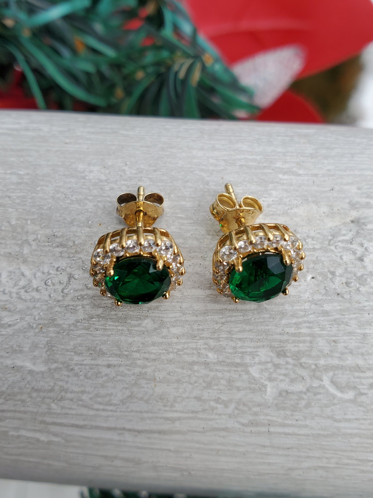 925 Sterling Silver Vermeil Simulated Green Emerald Zirconia CZ Stud Earrings