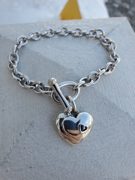 925 Sterling Silver Designer Vera Wang "With all my heart" 💙 Blue Sapphire Heart Toggle Lock Bracelet