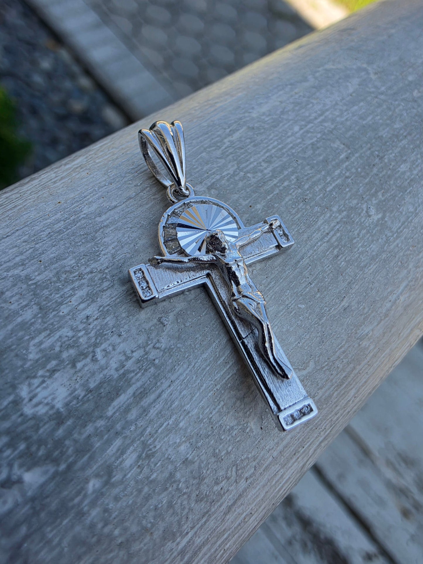 925 Sterling Silver Crucifix Cross Charm Pendant w/ White Spinel Baguette Cut Gemstones