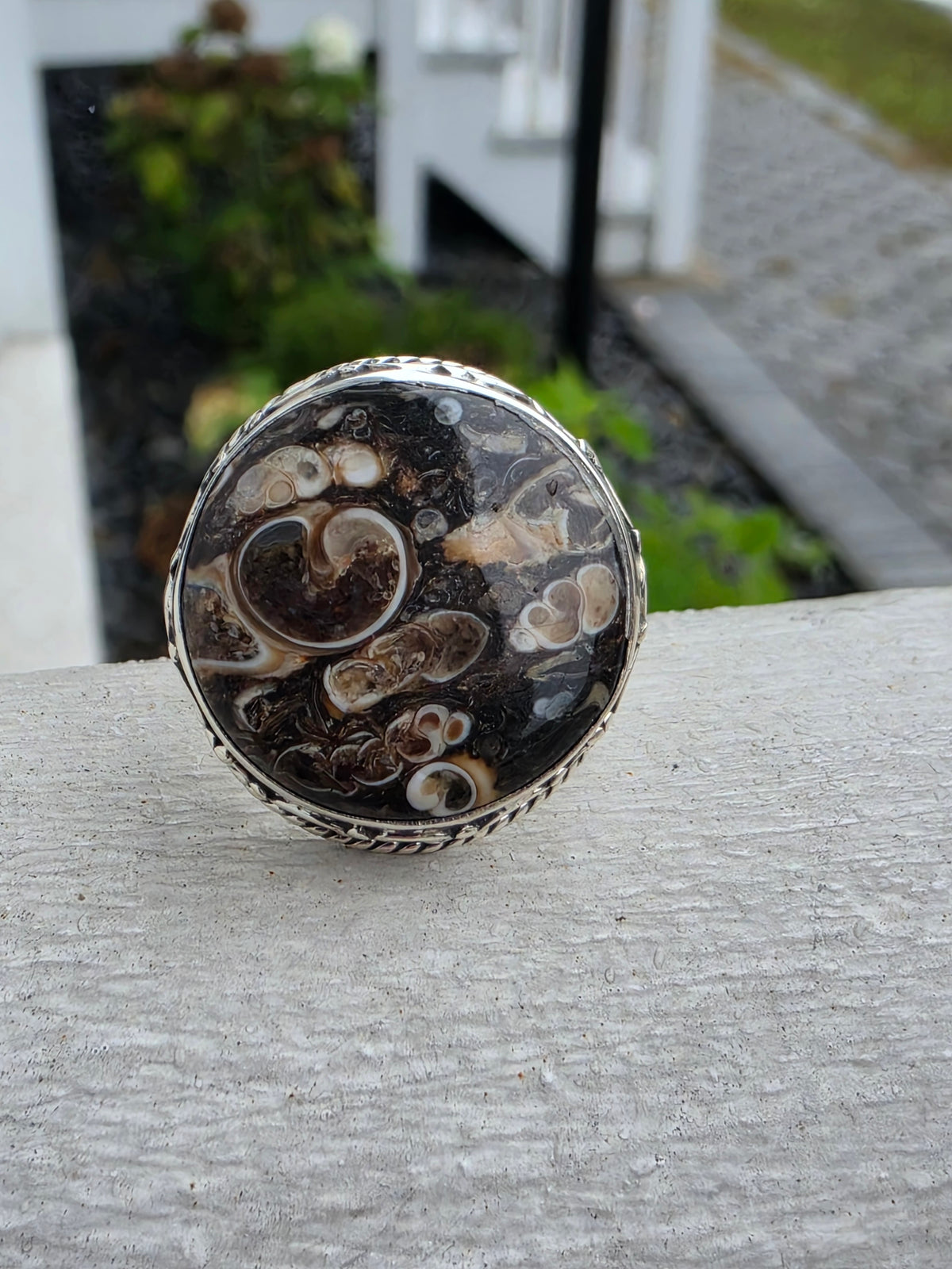 925 Sterling Silver Large Round Brown Picture Jasper Ring