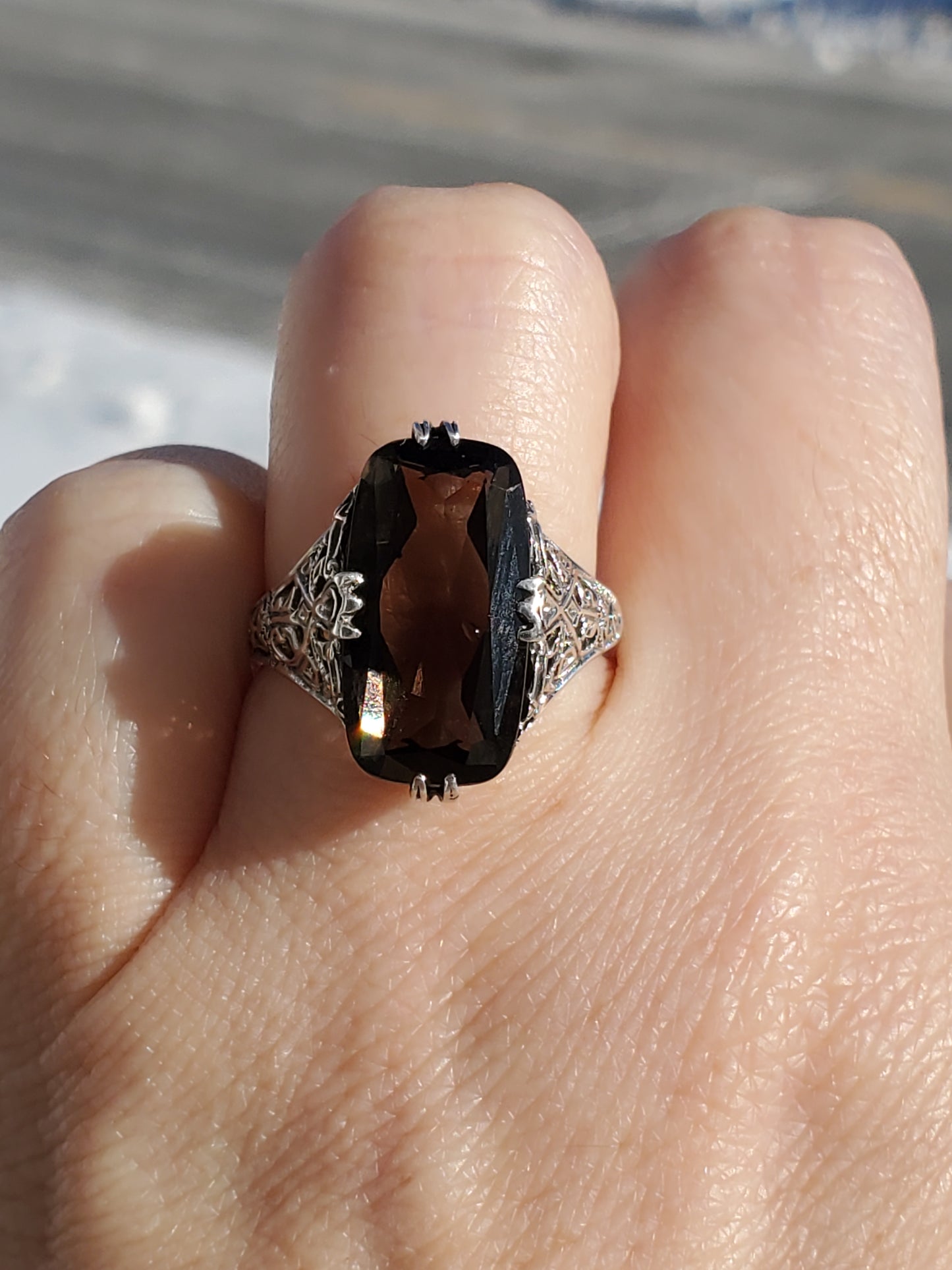 925 Sterling Silver 6 ct Emerald Cushion Cut Smokey Quartz Vintage Art Deco Ring