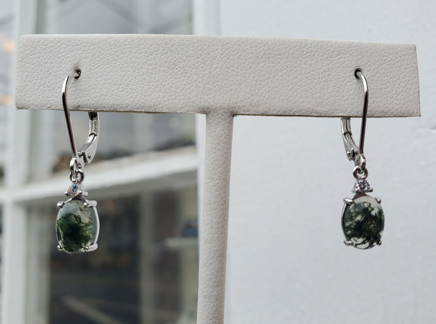 925 Sterling Silver Mossy Agate Leaverback Stone Earrings