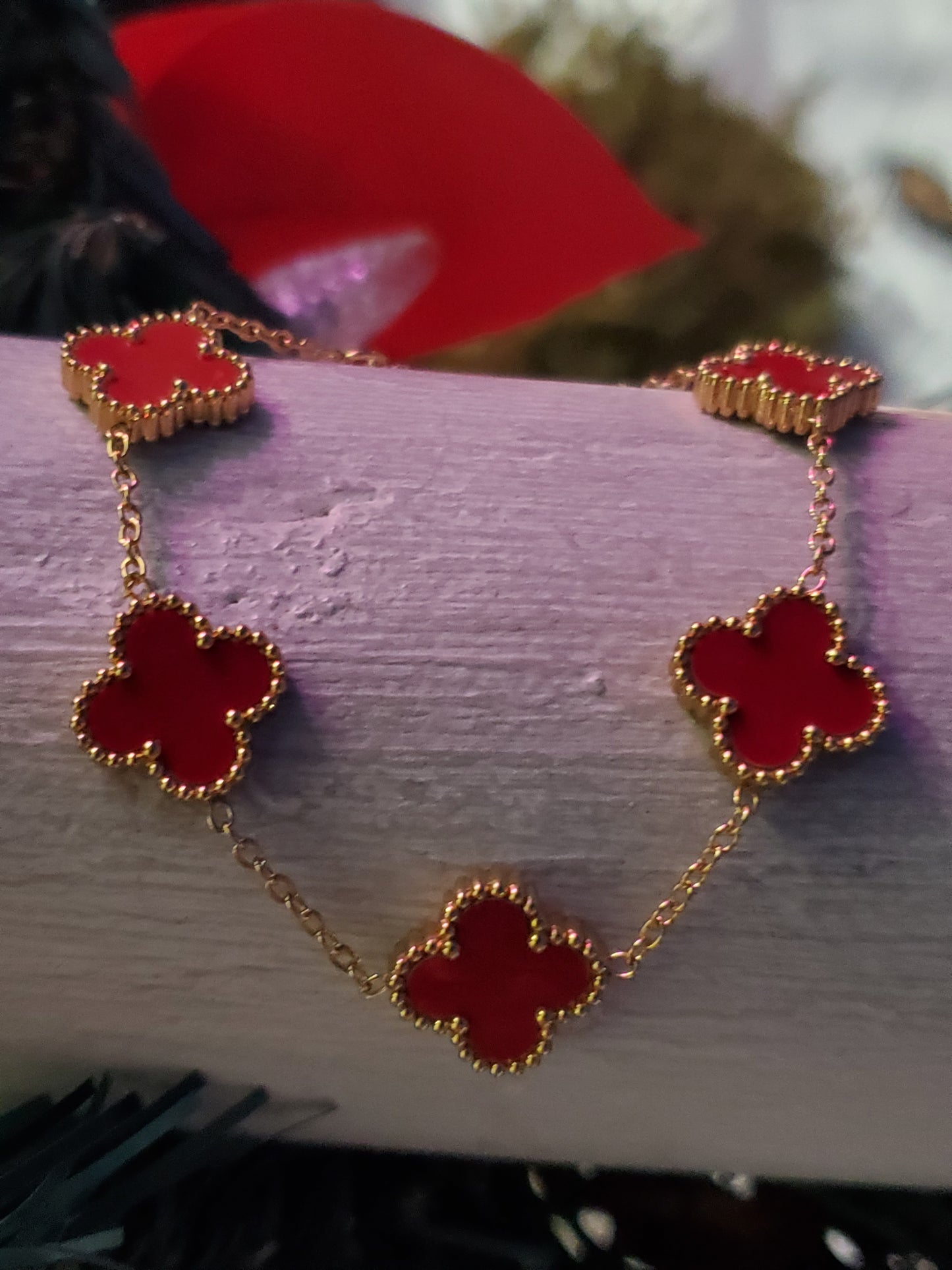 Stainless Steel Gold Vermeil Red Enamel Clover Station Van Cleef Style Bracelet Adjustable 7-9"