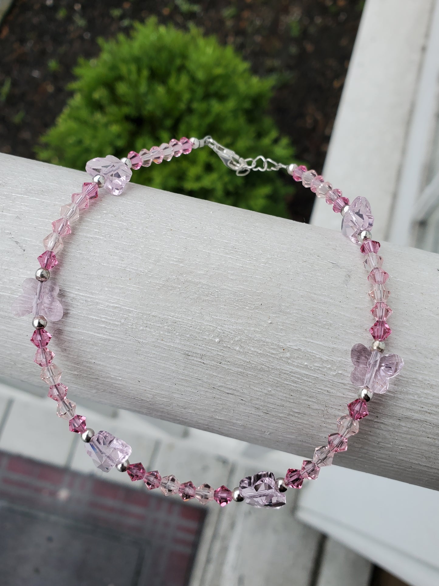 925 Sterling Silver Handmade Pink Beaded Swarovski Crystal Butterfly Anklet