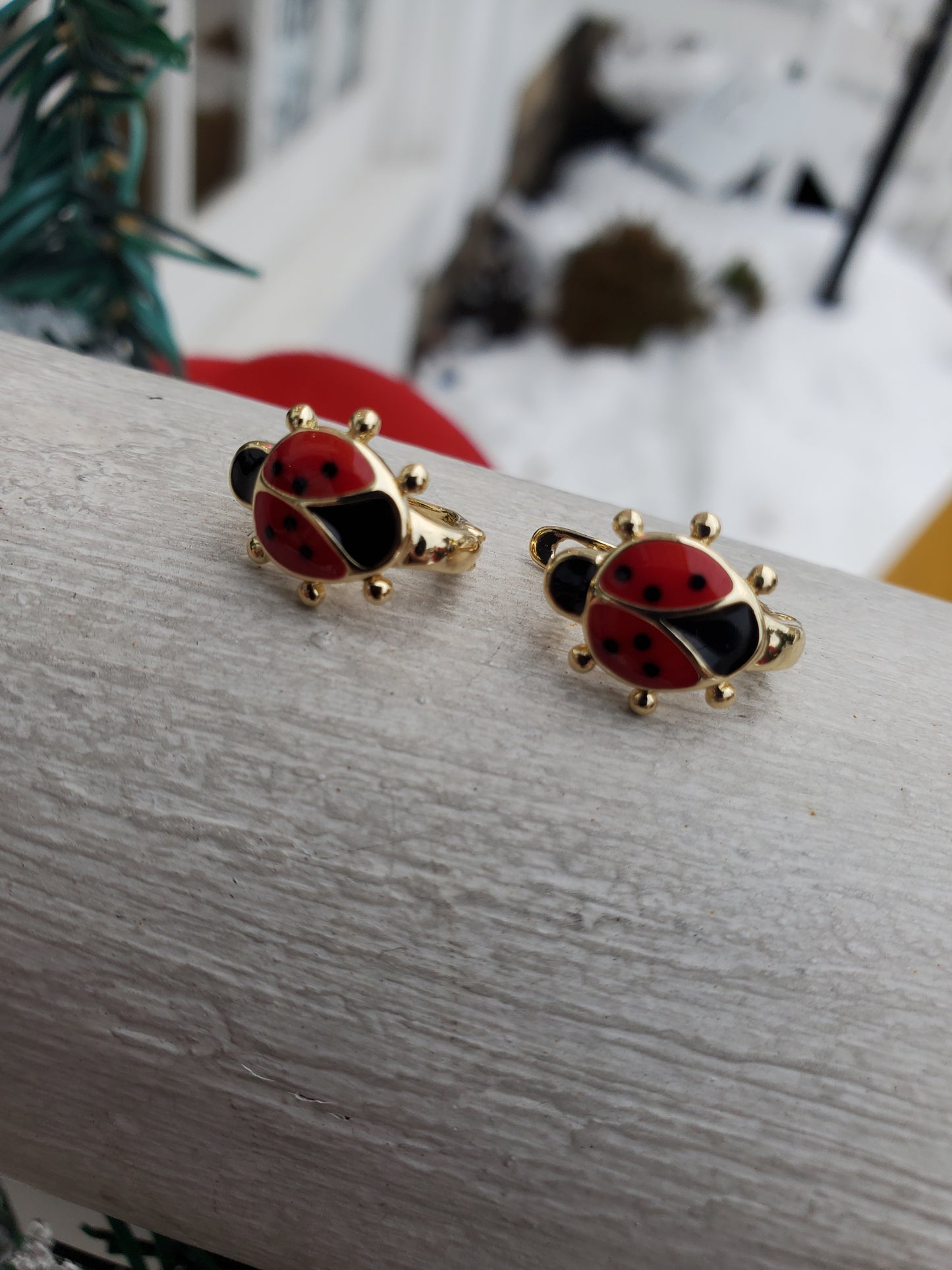 Stainless Steel Gold Plated Red Enamel Lucky Ladybug Earrings