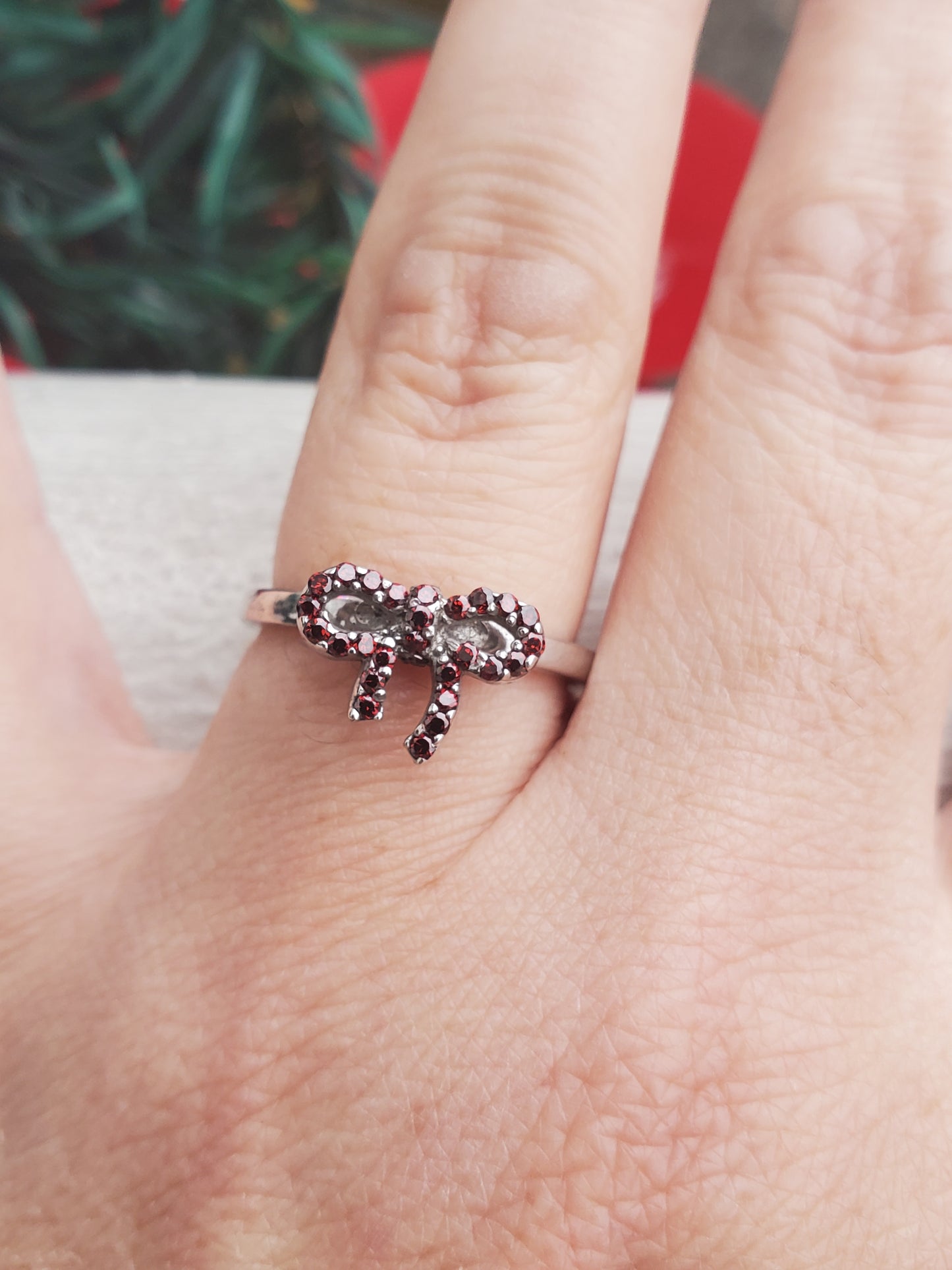 925 Sterling Silver Red Garnet Holiday Bow Ring