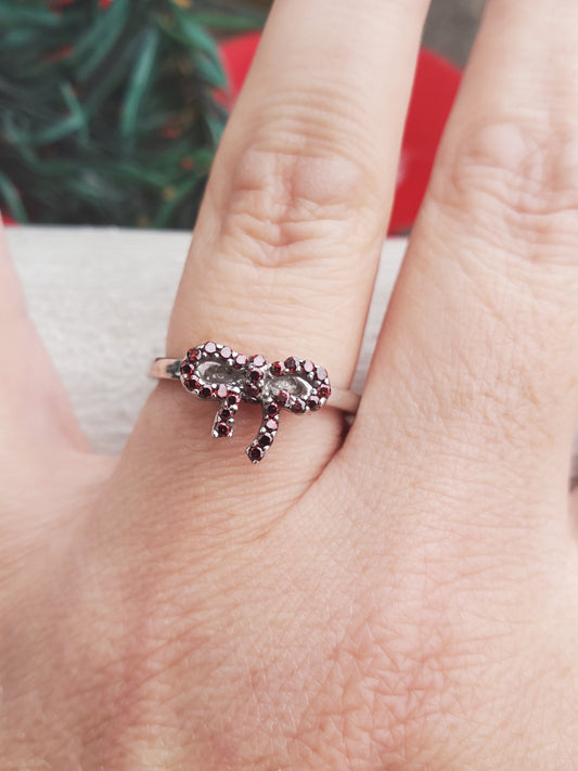 925 Sterling Silver Red Garnet Holiday Bow Ring