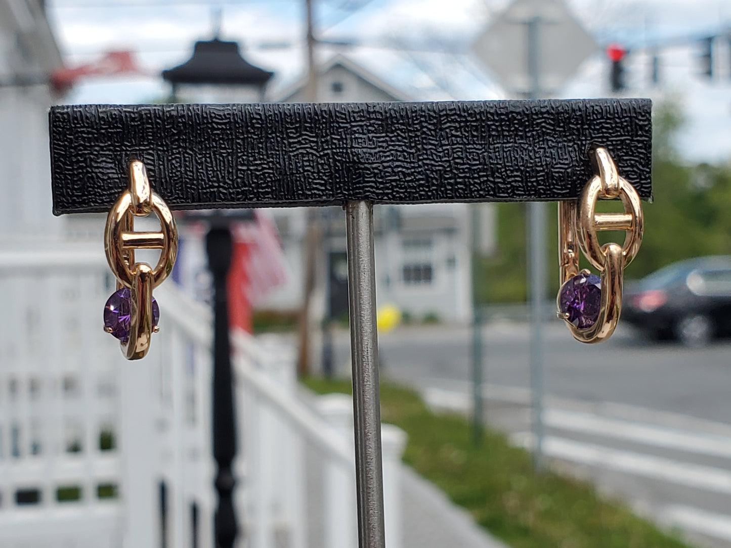 Stainless Steel 316-L Gold-plated Puff Gucci Oval Oblong Simulated Amethyst Huggie Hoop Earrings