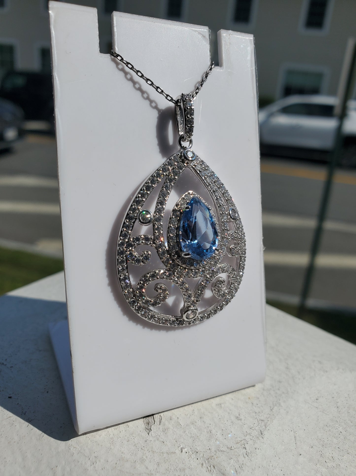 925 Sterling Silver 2ct Blue Topaz & Zirconia Large Teardrop Filagre Statement Necklace
