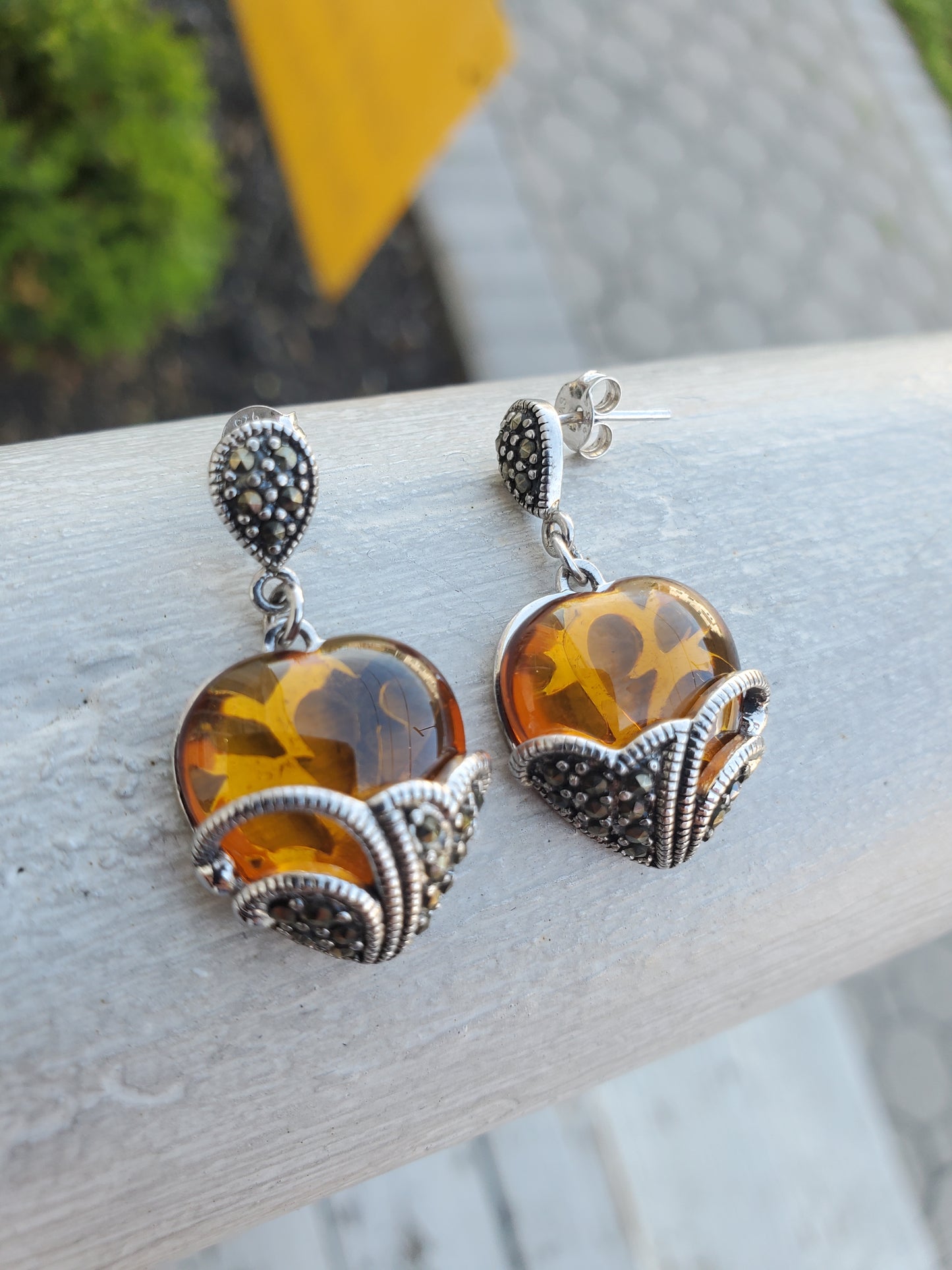925 Sterling Silver Designer FAS Amber Heart & Marcasite Dangle Earrings