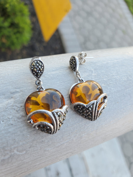925 Sterling Silver Designer FAS Amber Heart & Marcasite Dangle Earrings