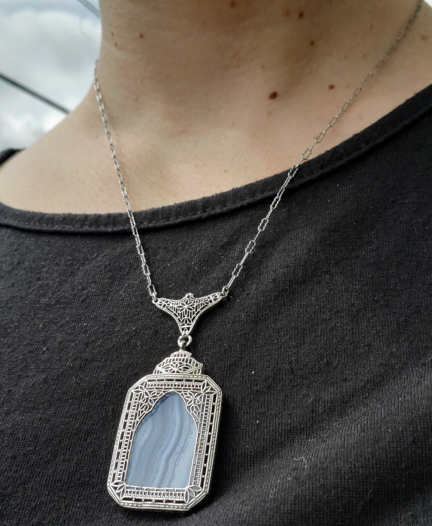 925 Sterling Silver Antique Ladies Blue Lace Agate Art Deco Filagre Necklace