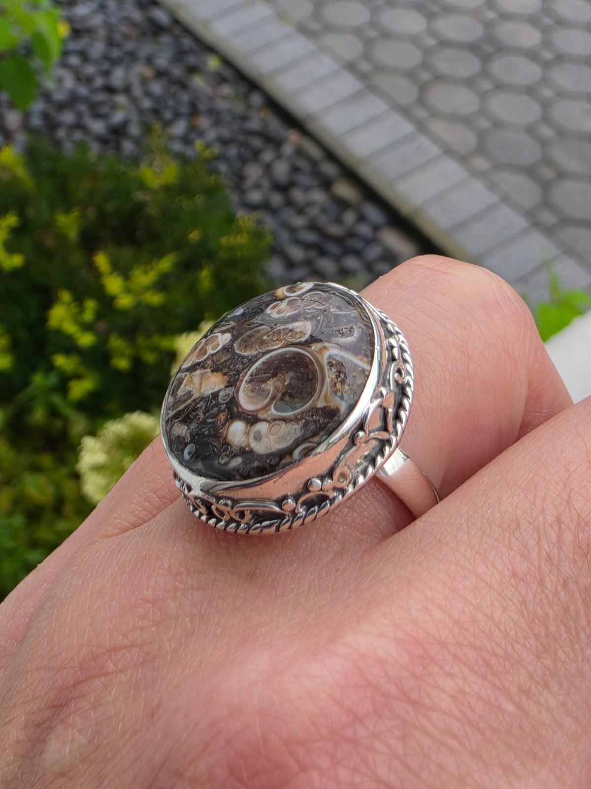 925 Sterling Silver Large Round Brown Picture Jasper Ring
