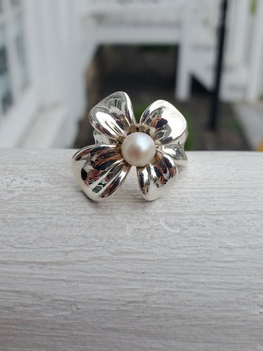 925 Sterling Silver Designer Anna King Pearl Orchid Flower Ring