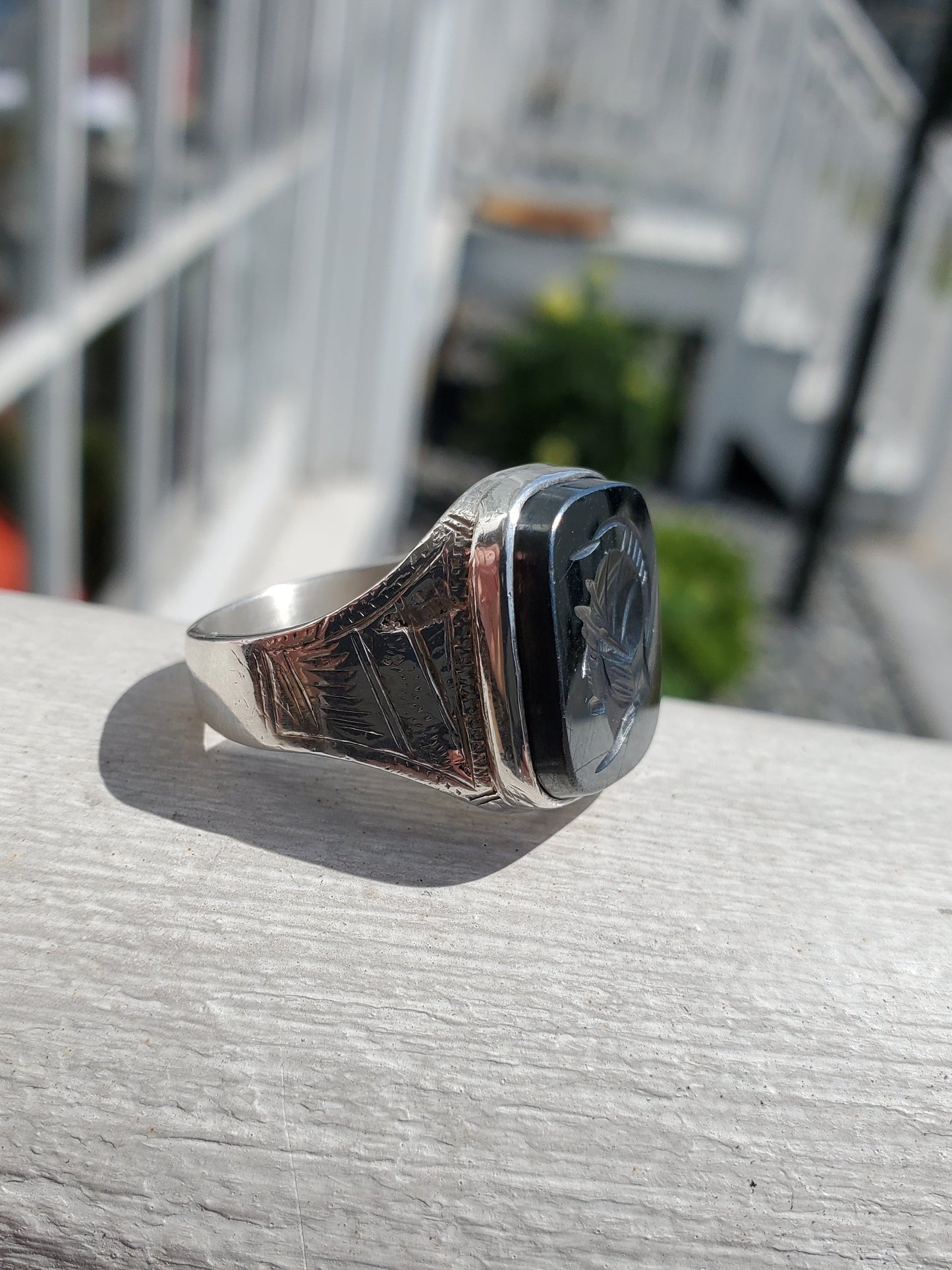 925 Sterling Silver Men's Hematite Intaglio Spartan Solider Signet Ring