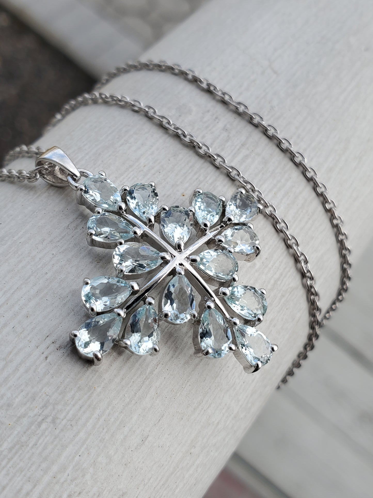 925 Sterling Silver Genuine Aquamarine Pear Shape Cross Cluster Pendant Necklace