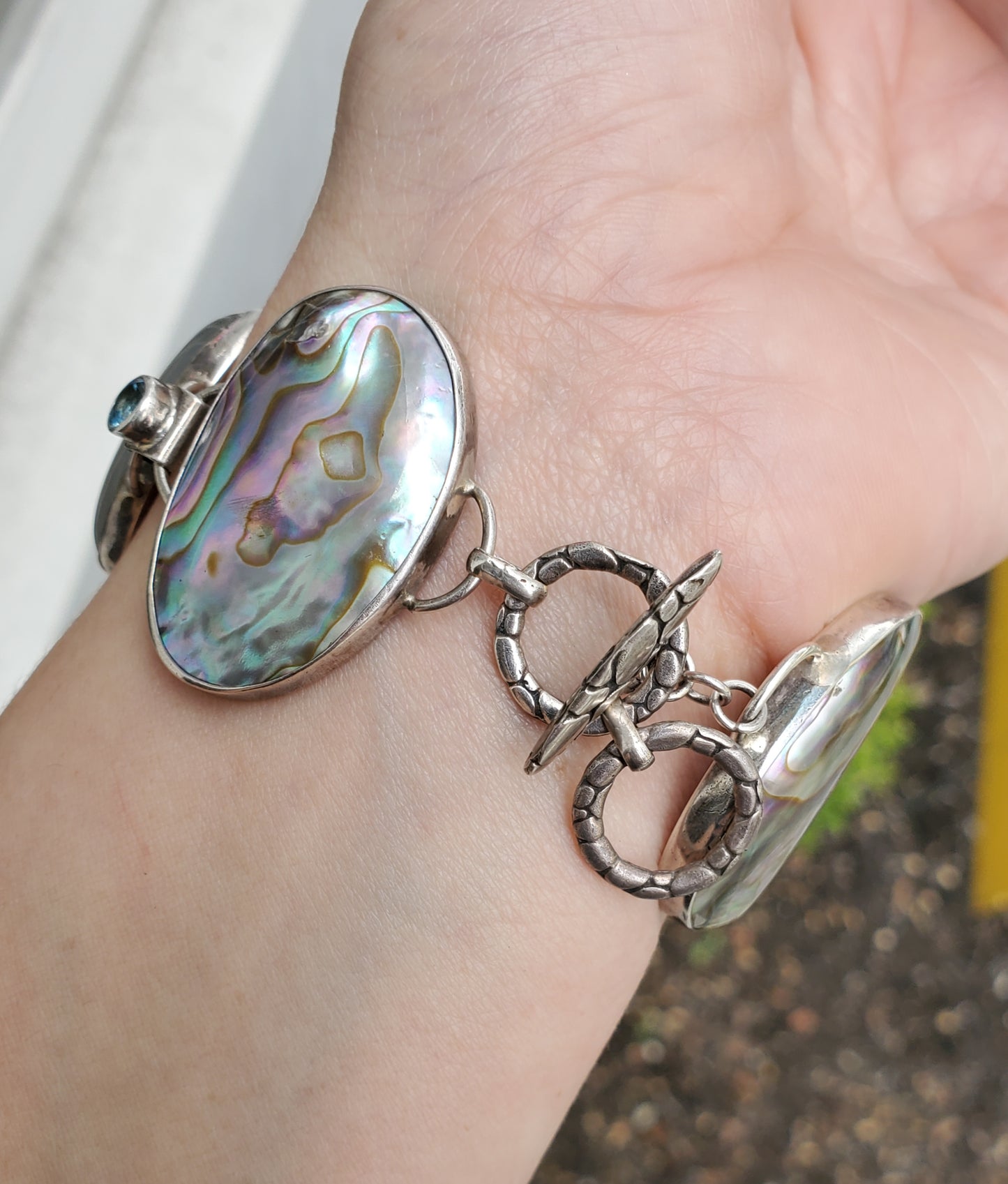 925 Sterling Silver Abalone, Gray Moonstone & Blue Topaz Large Stone Bracelet