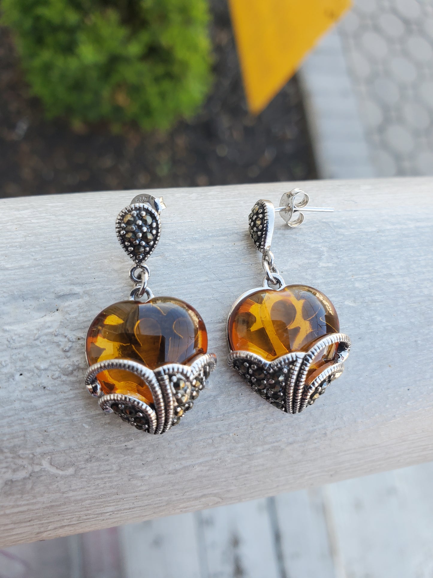 925 Sterling Silver Designer FAS Amber Heart & Marcasite Dangle Earrings