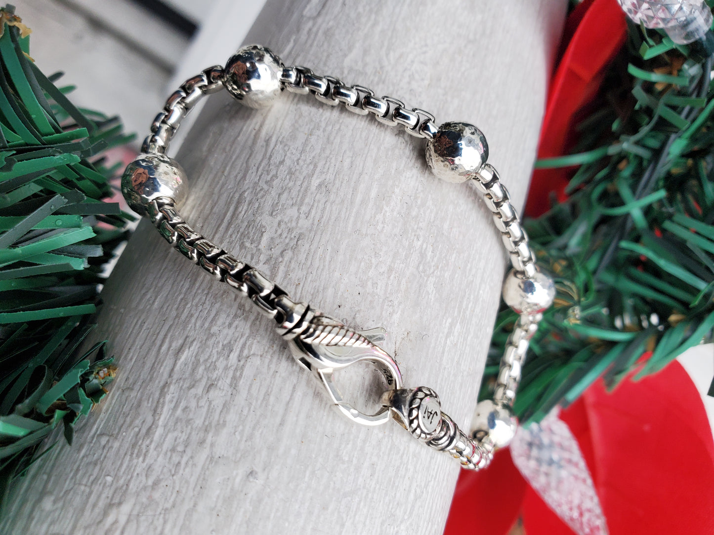 925 Sterling Silver Designer John Hardy JAI Hammered Design Beaded Cable Link Chain Bracelet