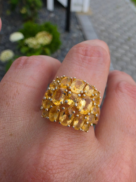 925 Sterling Silver Gold Vermeil Natural Citrine Ladies Cluster Ring