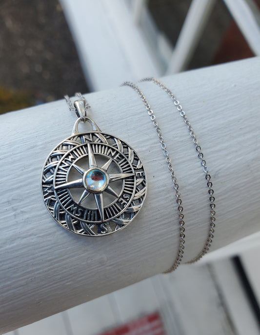 925 Sterling Silver Compass Opalite Medallion Charm Pendant