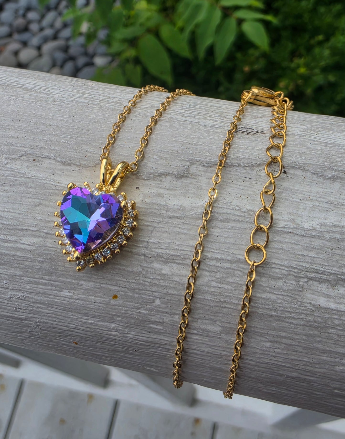 Stainless Steel Gold Plated Mystic Crystal Heart Necklace
