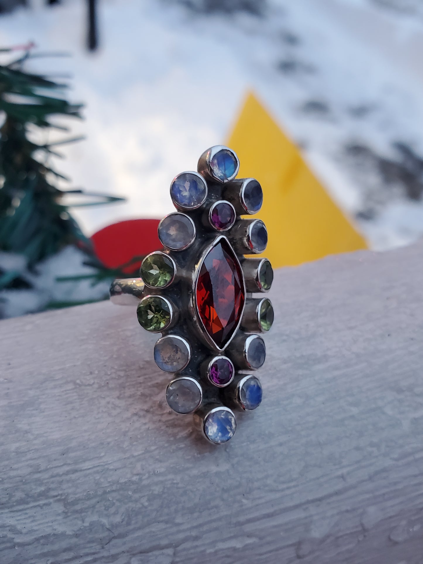 925 Sterling Silver Designer NB Nikki Butler Multi-colored Gemstone Shield Ring