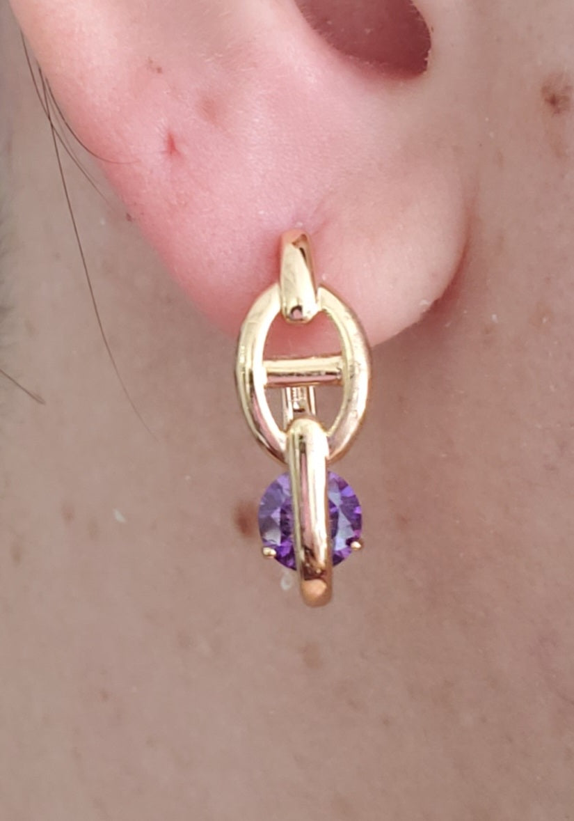 Stainless Steel 316-L Gold-plated Puff Gucci Oval Oblong Simulated Amethyst Huggie Hoop Earrings