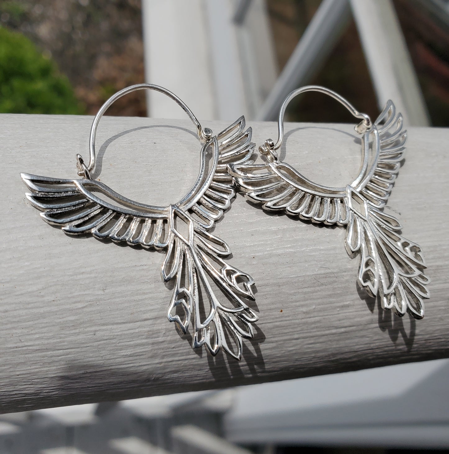 925 Sterling Silver Egyptian Angel Wing Phoenix Filagre Hoop Earrings