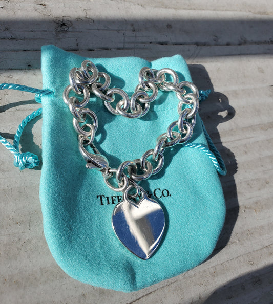 925 Sterling Silver Tiffany & Co. dangle heart tag chain link bracelet