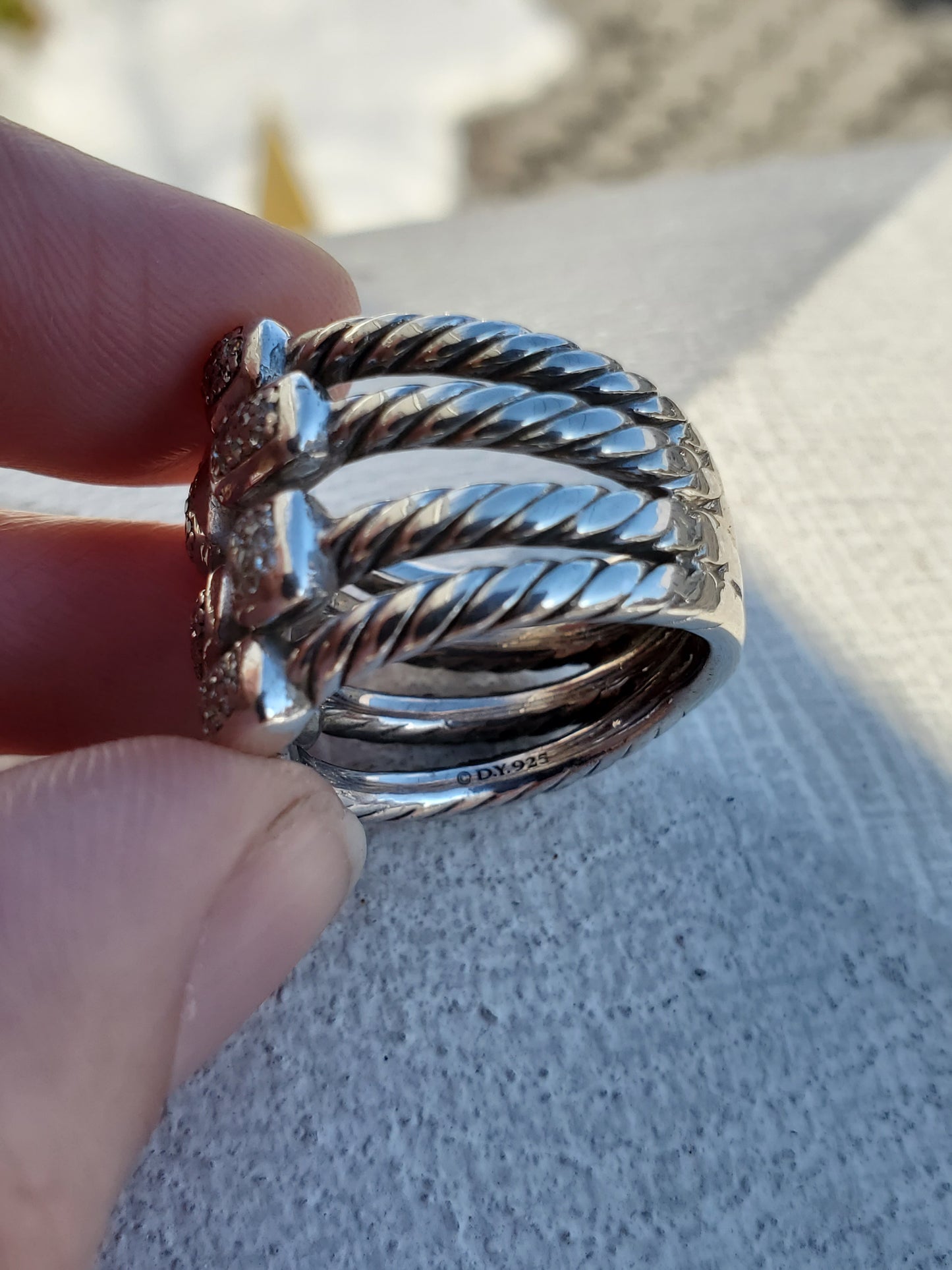 925 Sterling Silver Designer David Yurman 4-Row Confetti Twisted Cable Diamond Ring