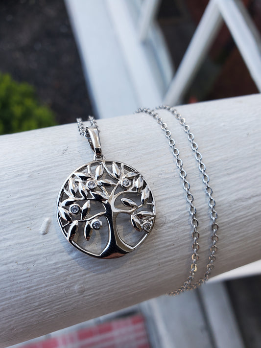 Stainless Steel Ladies Family Tree of Life clear zirconia Necklace
