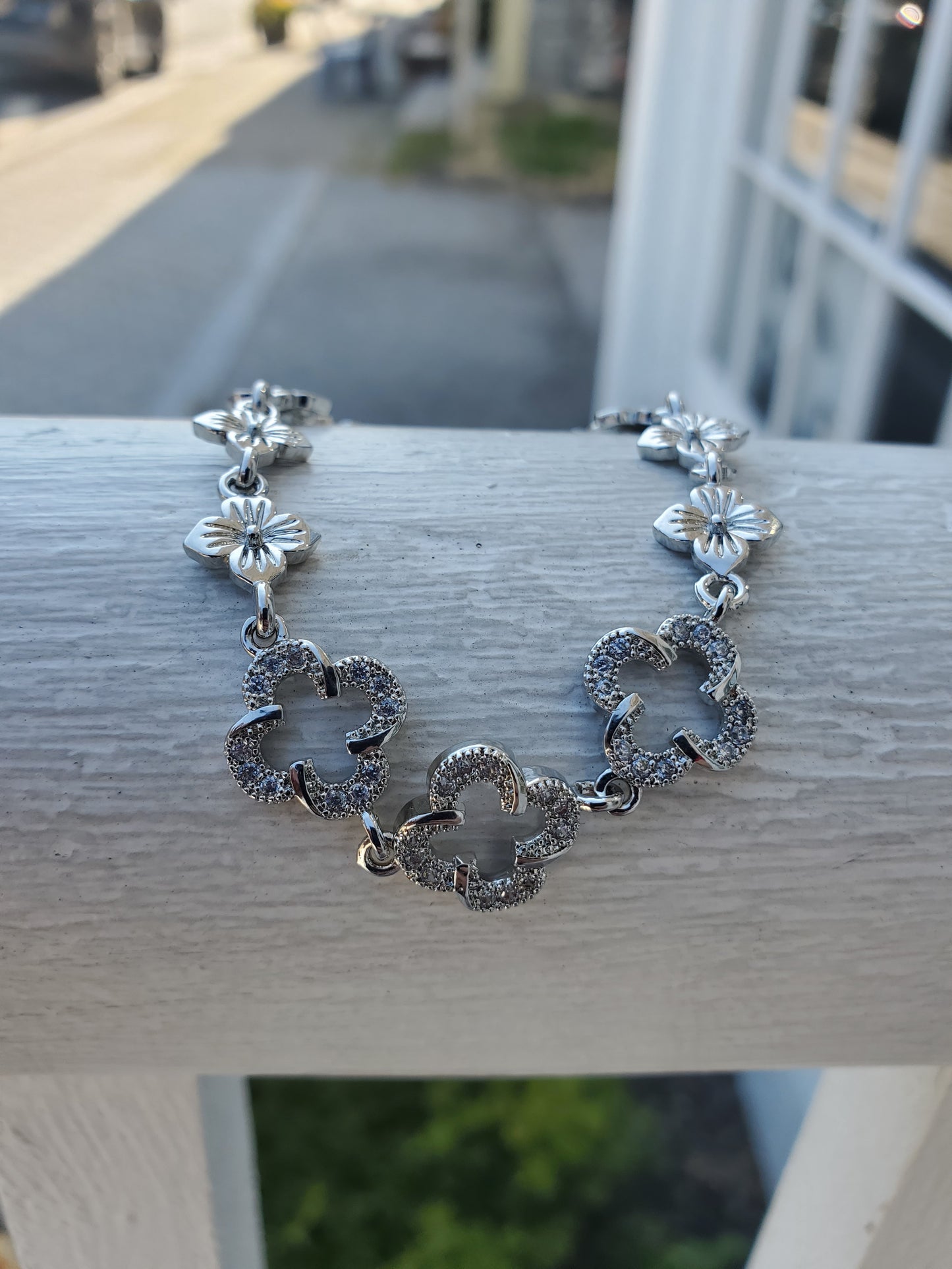 Stainless Steel Floral Blossom CZ Quatrefoil Bracelet