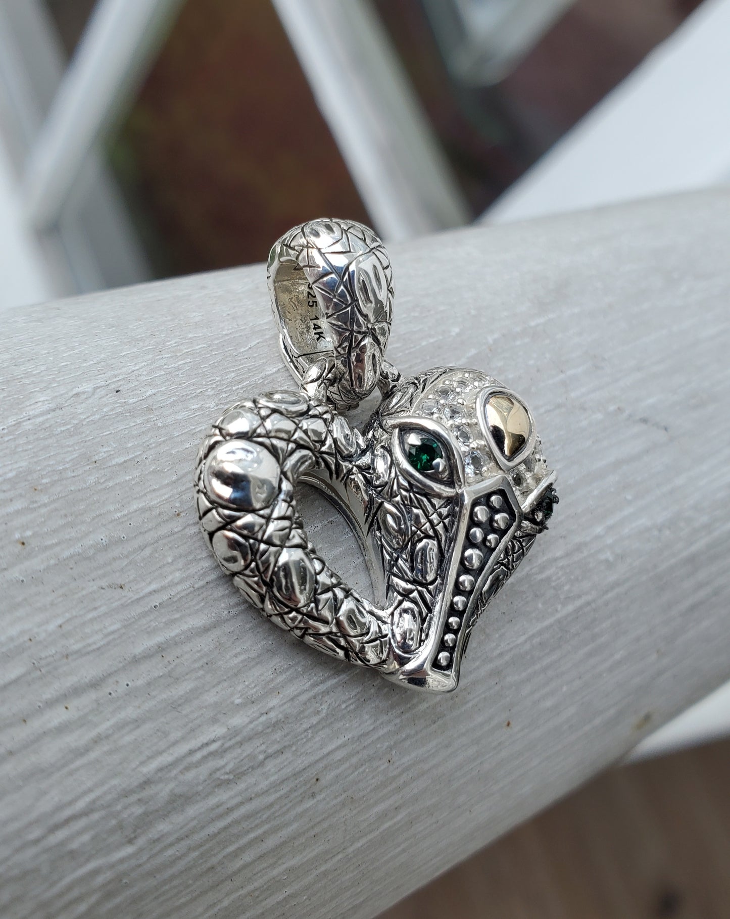 925 Sterling Silver & 14k Gold Designer John Hardy JAI Alligator Crocodile Head Heart Charm Pendant