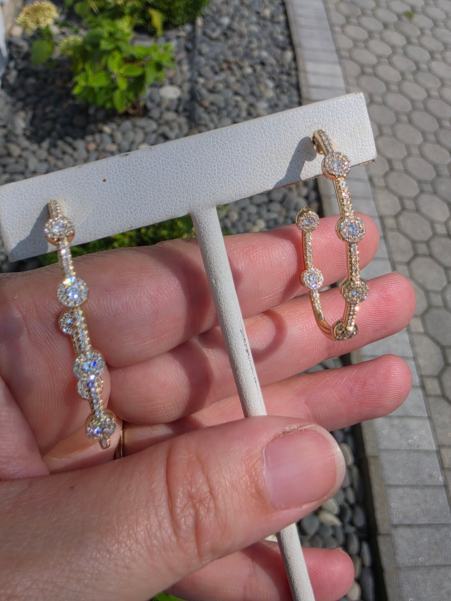14k Solid Gold 3/4 Pave Oval Oblong Natural Diamond Hoop Earrings