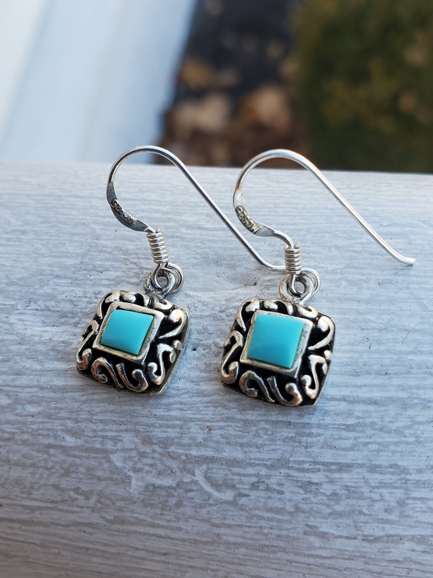 925 Sterling Silver Petite Turquoise Tile Filagre Dangling Earrings