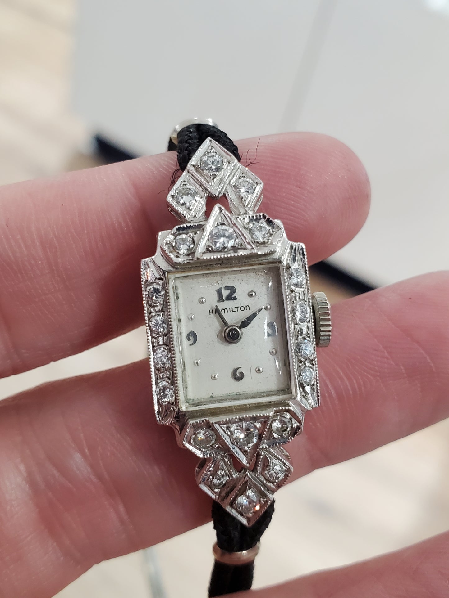 Antique Ladies Hamilton 14k White Gold & Platinum Diamond Watch