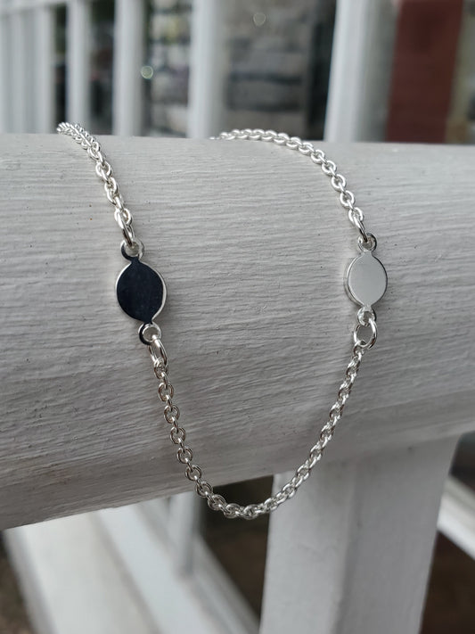 925 Sterling Silver Oval Signet Charm Anklet / Ankle Bracelet 9.75”