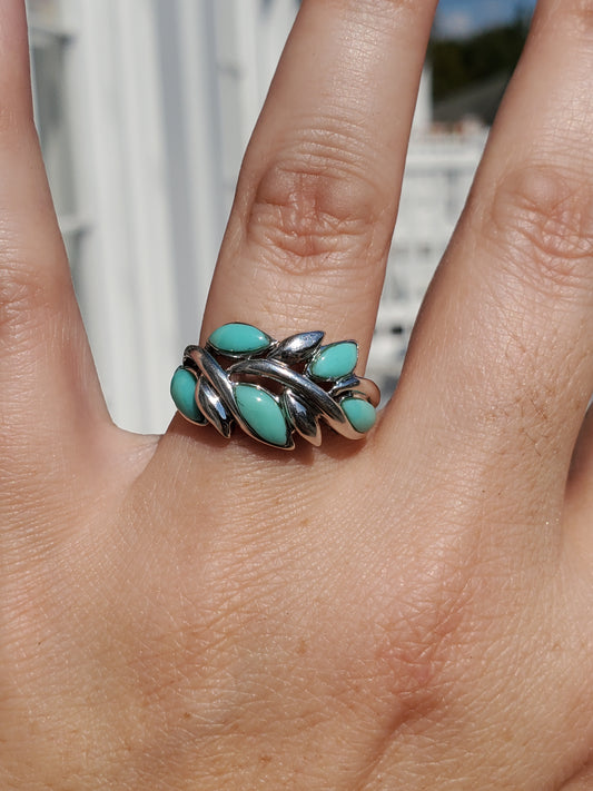 925 Sterling Silver Turquoise Leaf Band Ring