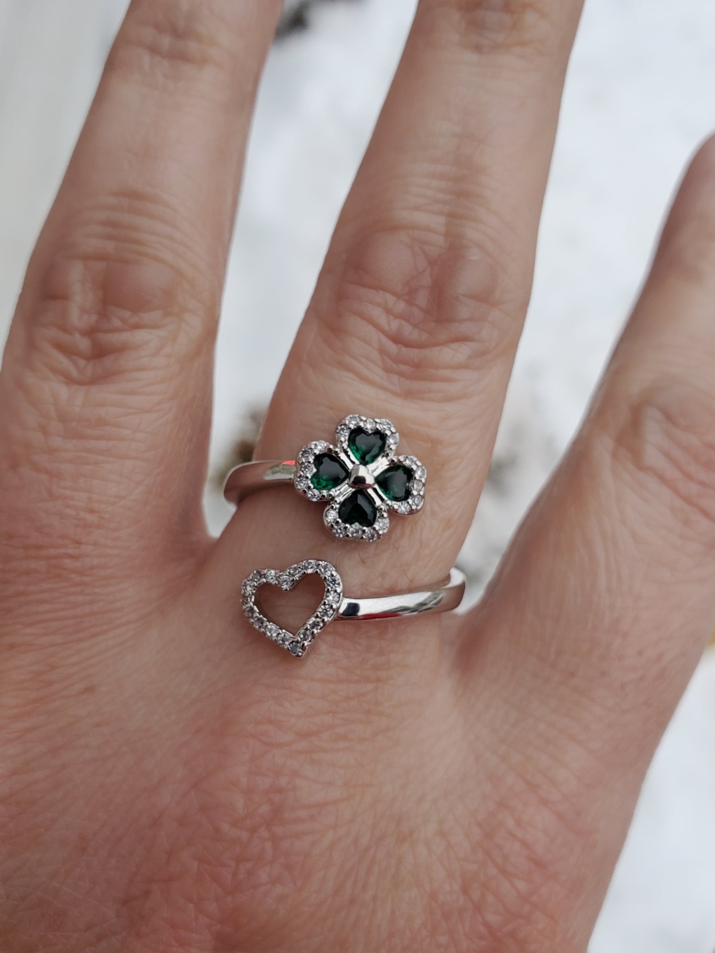 925 Sterling Silver "Lucky in Love" Shamrock Clover Bypass Heart Ring