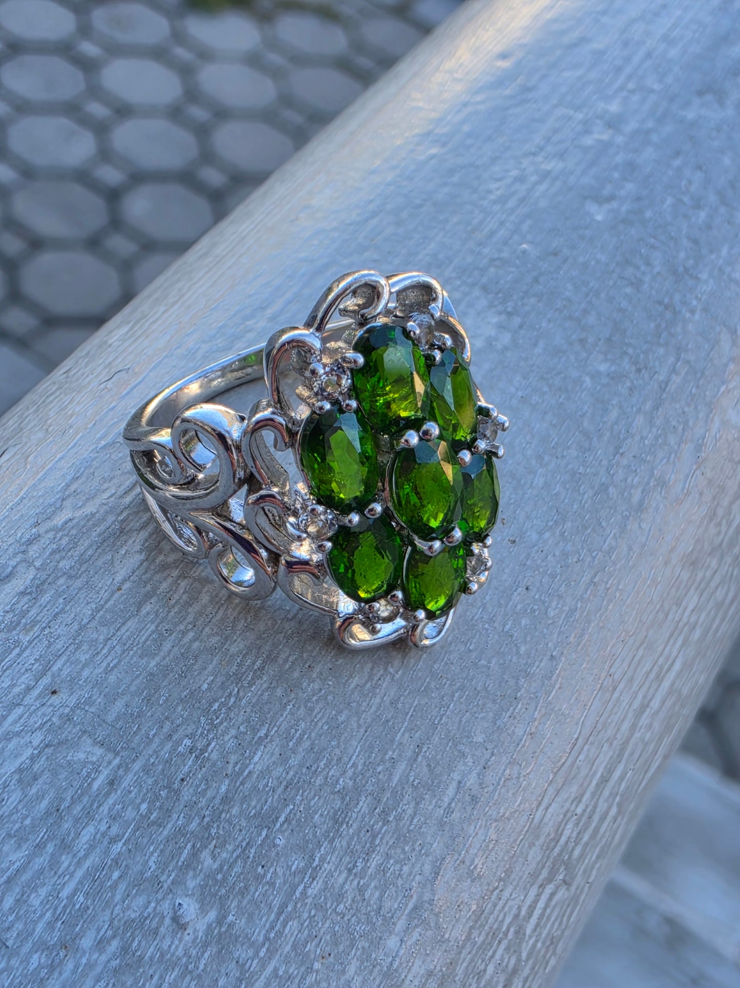 925 Sterling Silver Chrome Diopside  Cluster Ring