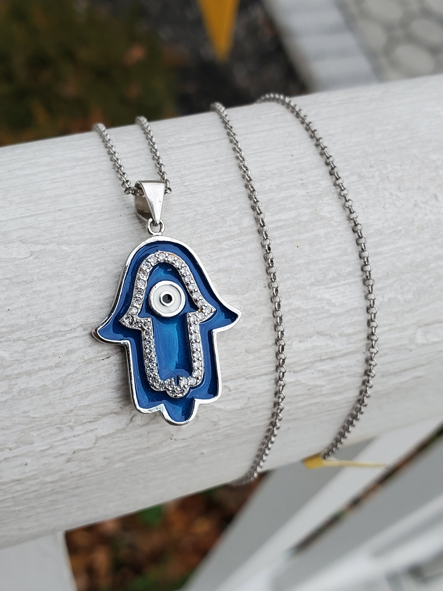 925 Sterling Silver Blue Enamel Hamsa Pendant / Necklace