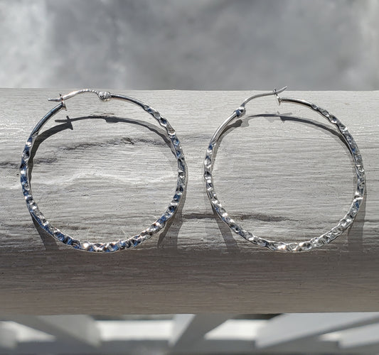 925 Sterling Silver 35mm Hammered Design Lightweight Hoop Earrings