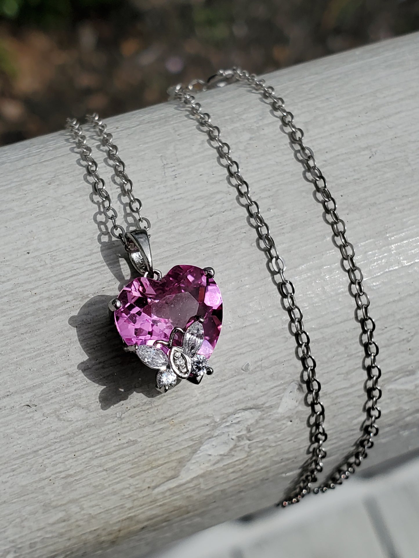 925 Sterling Silver Hot Pink Heart Butterfly Zirconia CZ Necklace