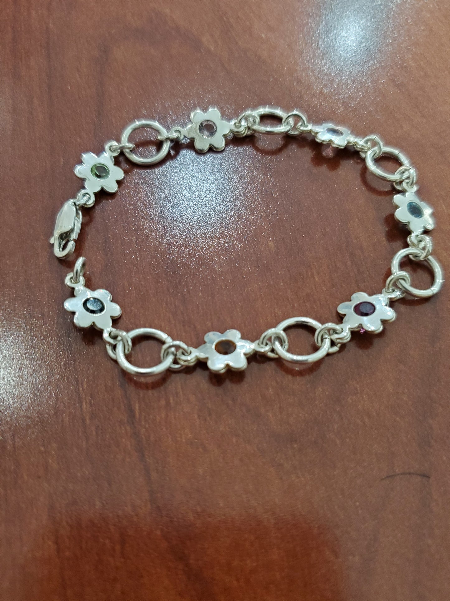 925 Sterling Silver Multi-colored Crystal Daisy Flower Floral Bracelet