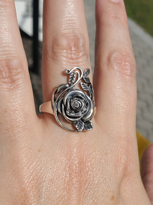 925 Sterling Silver Large Oxydized Blooming Rose 🌹 Ring