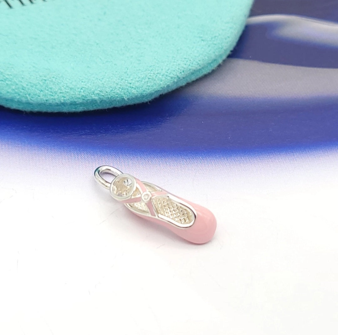 Retired Tiffany & Co. Sterling Silver Pink Enamel Diamond Ballet Ballerina Shoe Slipper Charm Pendant